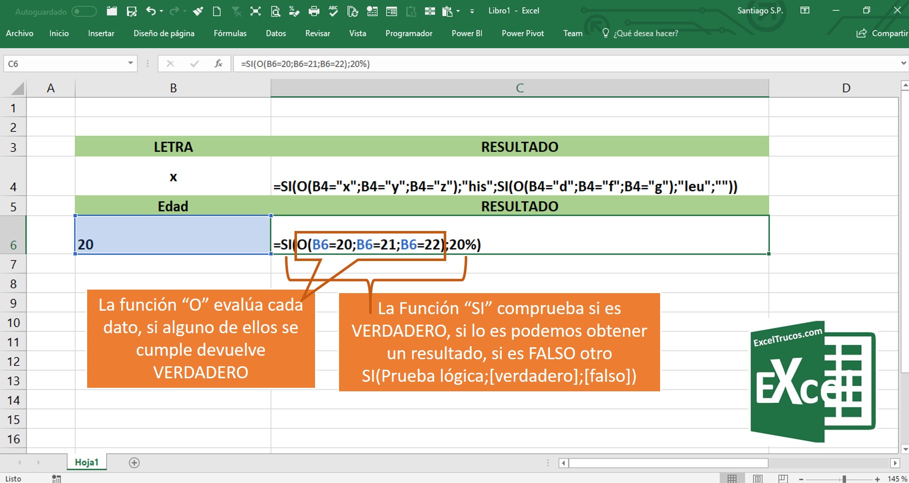 Pruebla lógica Excel SI O excel funcion