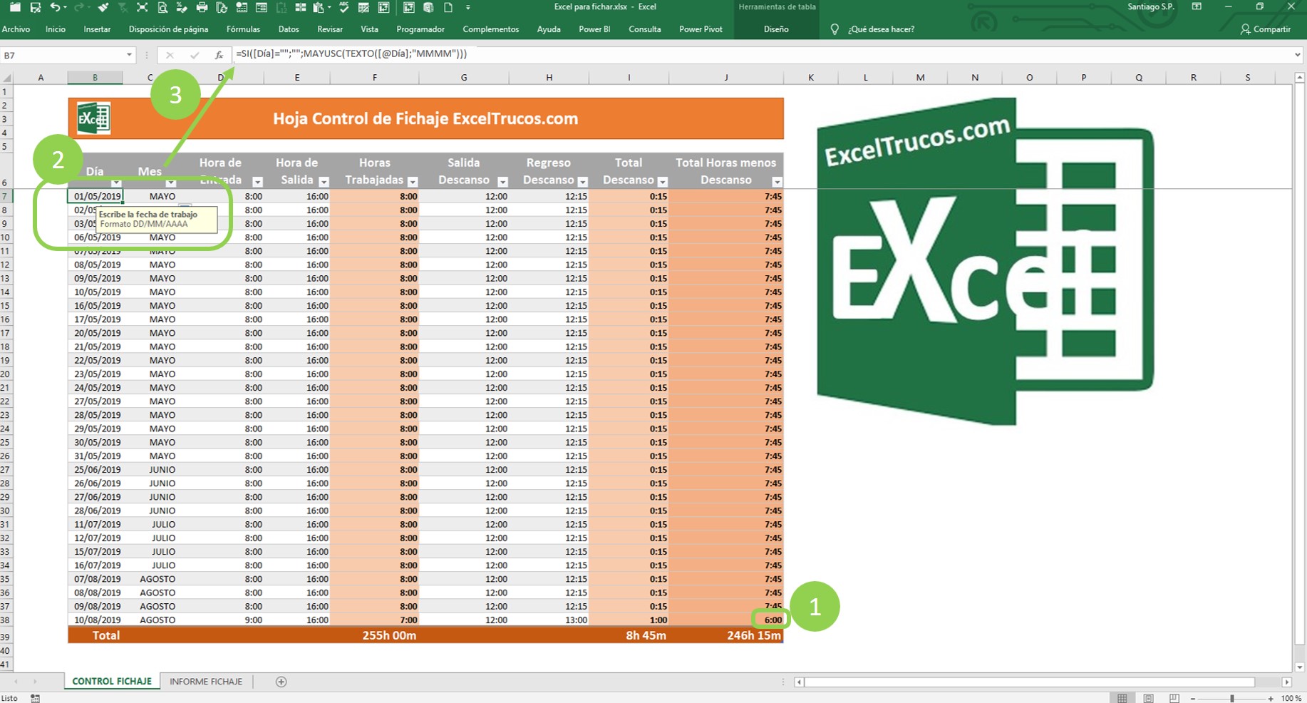 Excel para fichar horarios