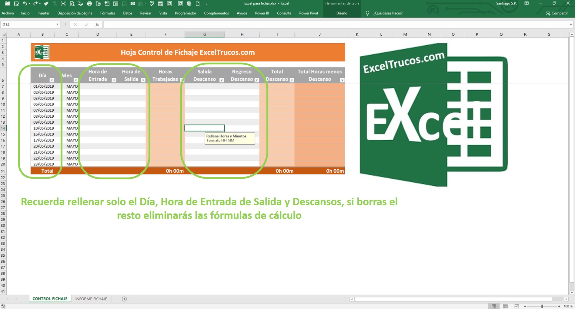 Excel para fichar horarios